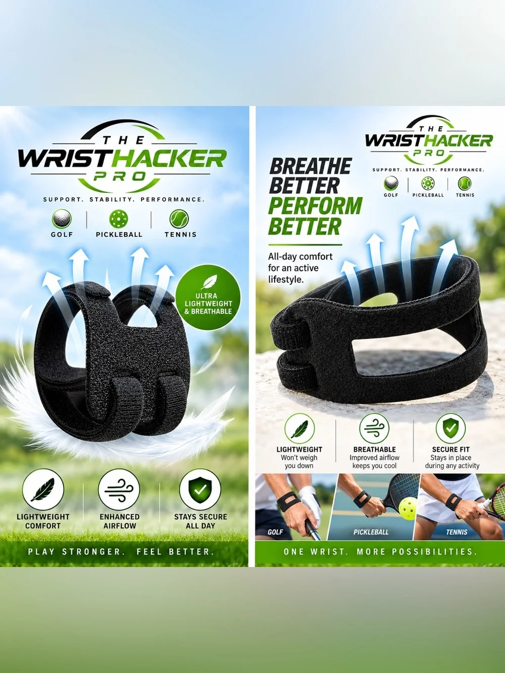 WristHacker Pro Wrist Support Strap for Golf, Pickleball, & Tennis